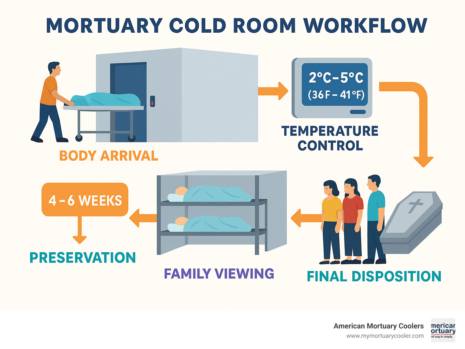 Comprehensive infographic showing mortuary cold room workflow from body arrival through temperature control, preservation stages, family viewing periods, and final disposition, including temperature ranges, storage durations, and key safety features - mortuary cold rooms infographic 