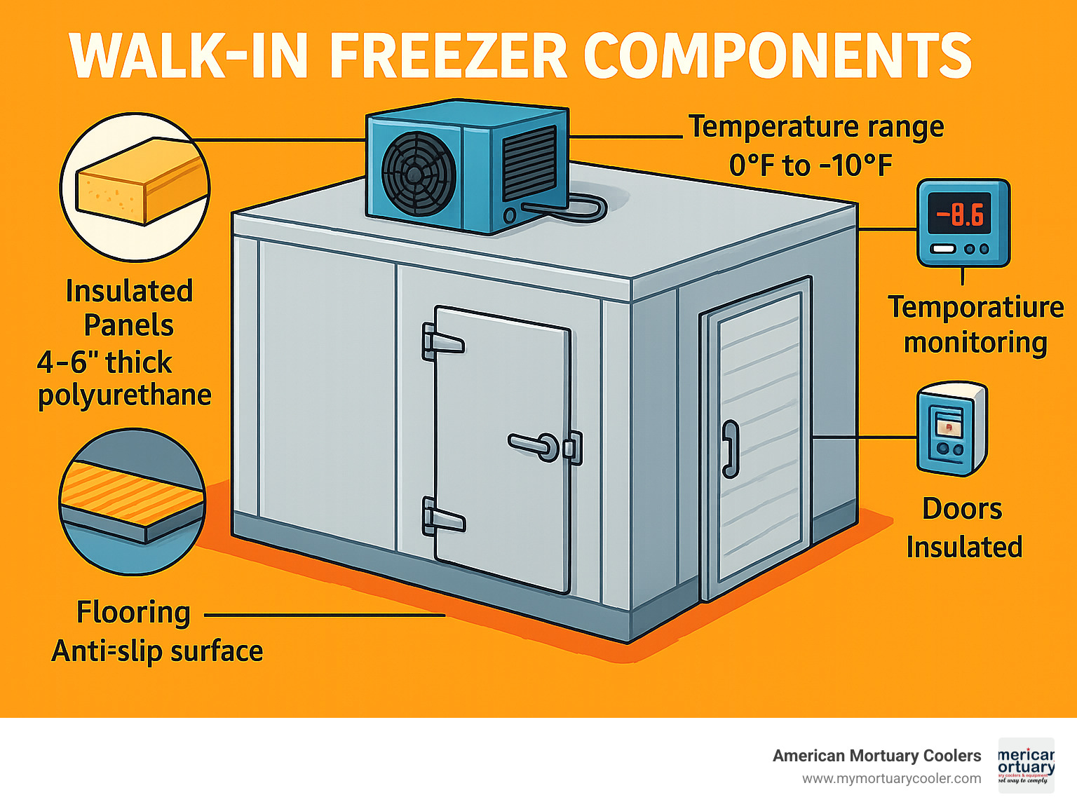 Detailed infographic showing walk-in freezer components including insulated panels, refrigeration unit, flooring, doors, and temperature monitoring system with labeled specifications - walkin freezer infographic 
