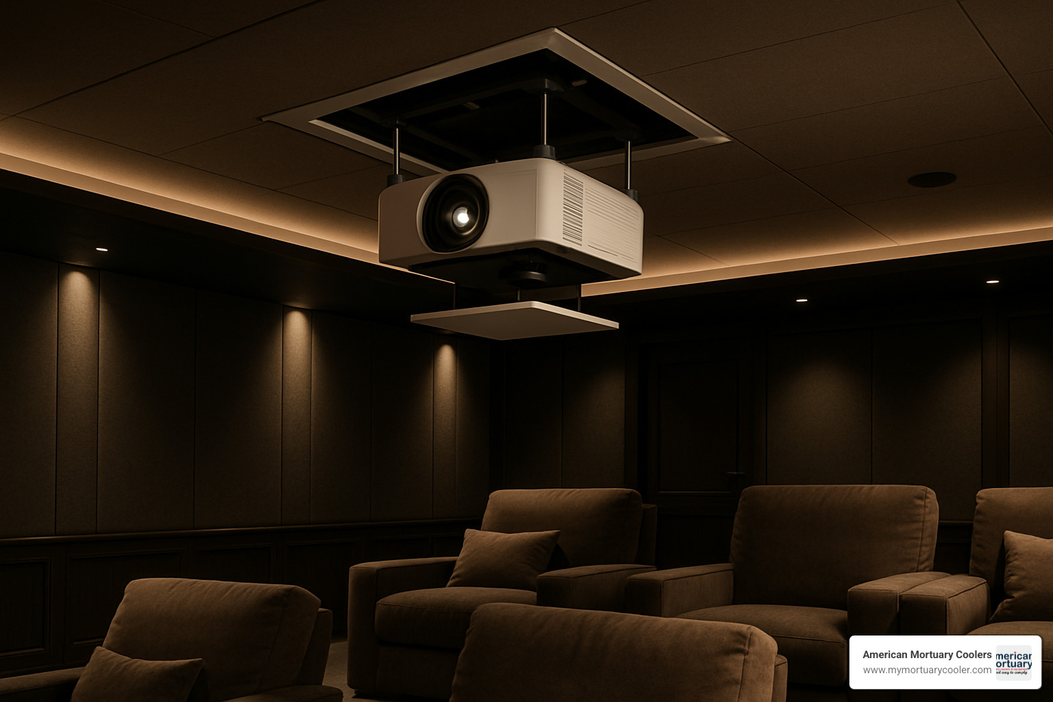 Sophisticated concealed projector lift system integrated into luxury home cinema ceiling with seamless deployment mechanism - lift ceiling