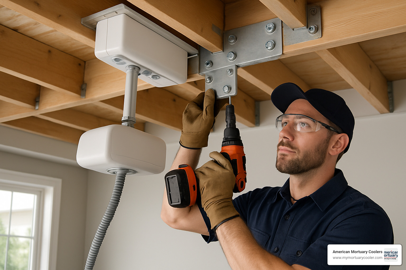Professional technician securely anchoring ceiling lift track to structural joists with proper mounting hardware and reinforcement plates - lift ceiling