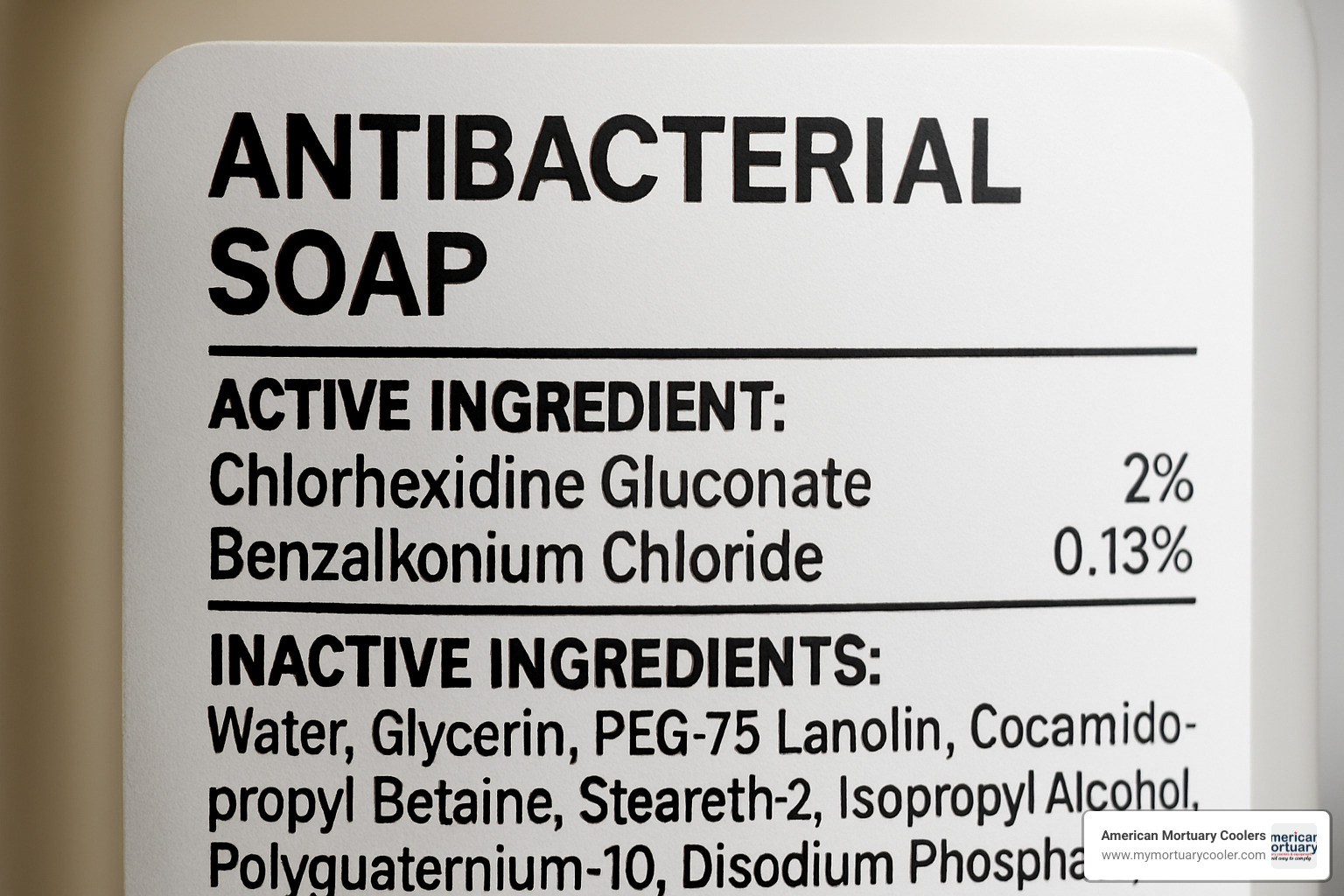 close-up of antibacterial soap ingredient label showing key active ingredients - boil antibacterial soap