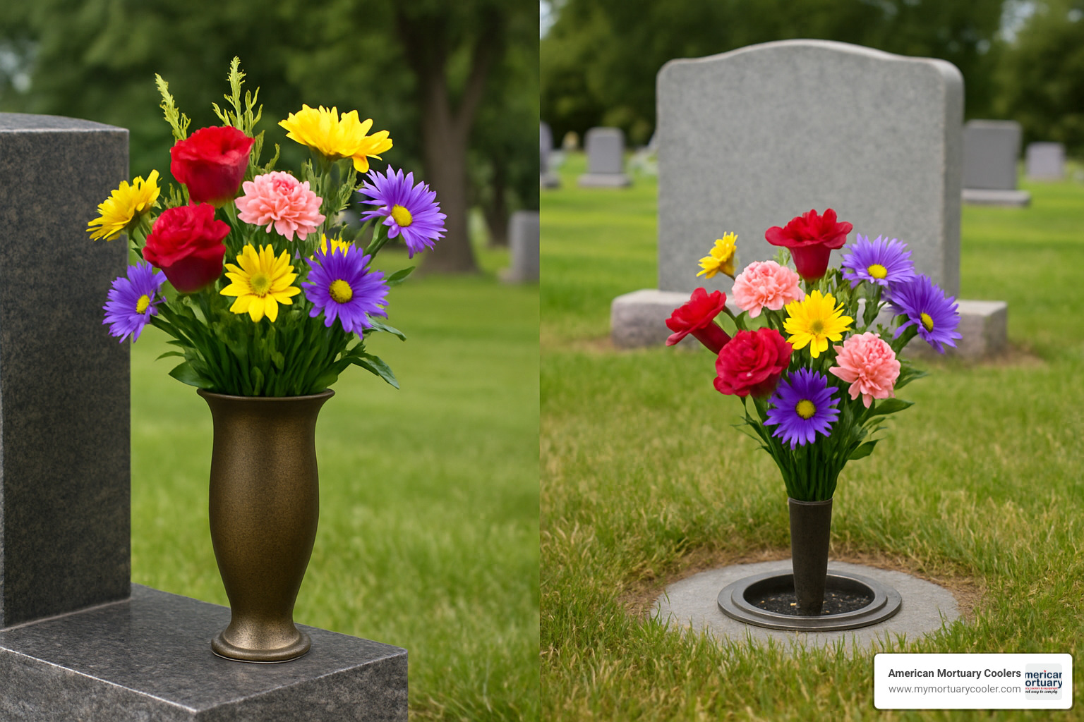 upright memorial vase mounted on headstone versus flush ground vase installation - memorial vase