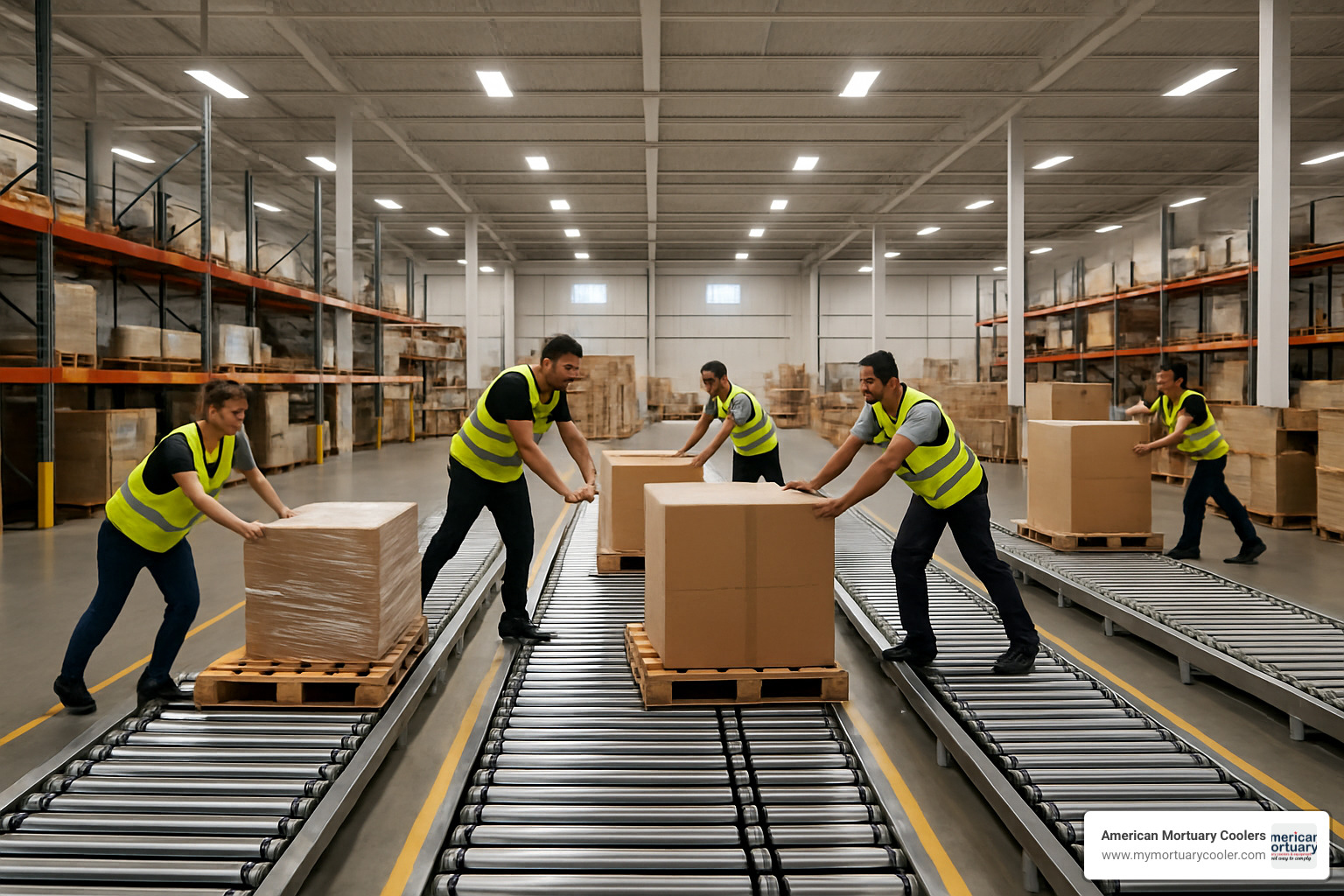 Warehouse operation showing multiple roller lanes with workers efficiently moving cargo without forklifts - rollerbed floor