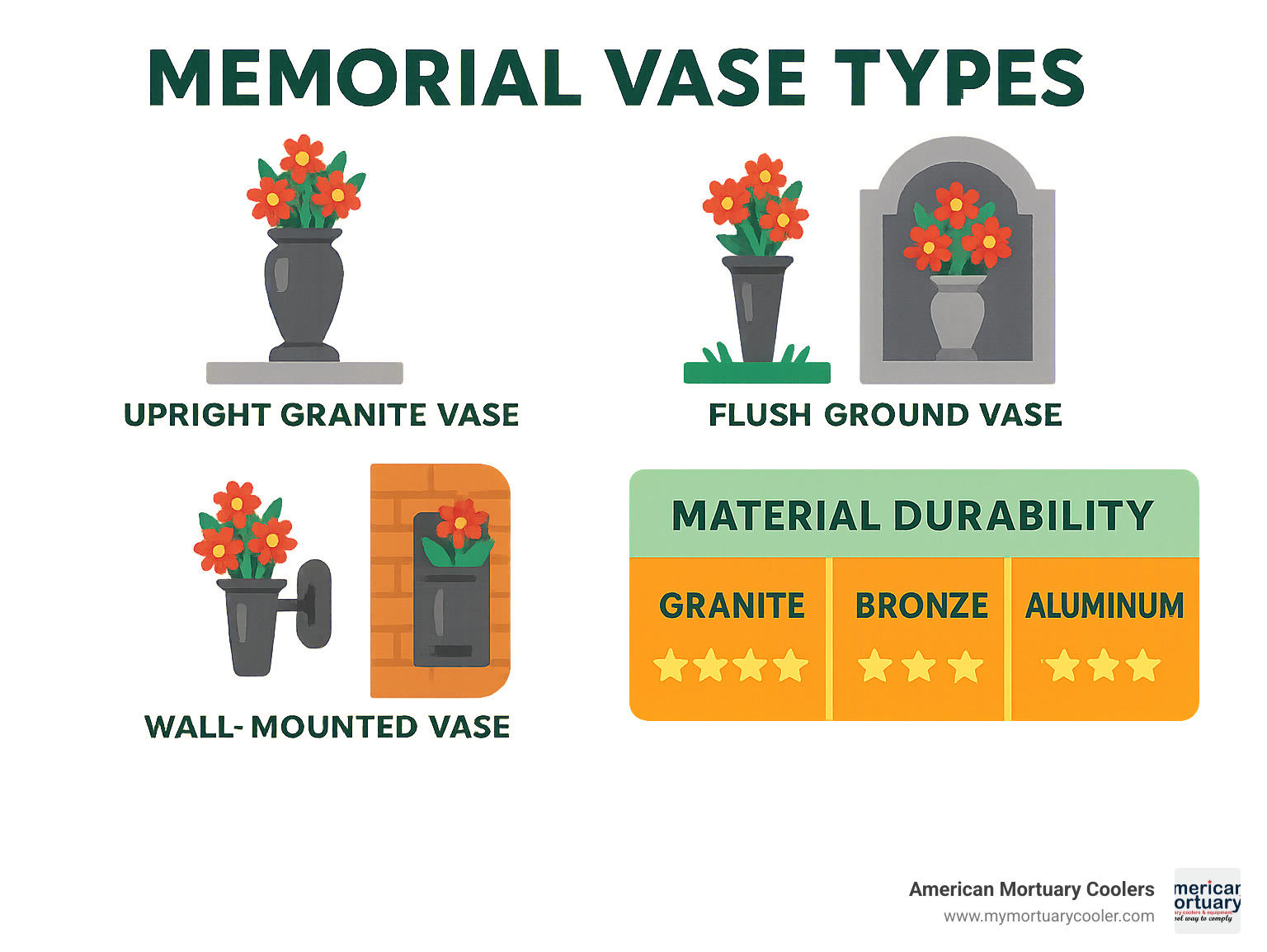 Comprehensive guide showing memorial vase types including upright granite vases mounted on headstones, flush ground vases for lawn maintenance, wall-mounted crypt vases, and built-in memorial designs with material comparison chart showing durability ratings for granite, bronze, aluminum, and plastic options - memorial vase infographic 