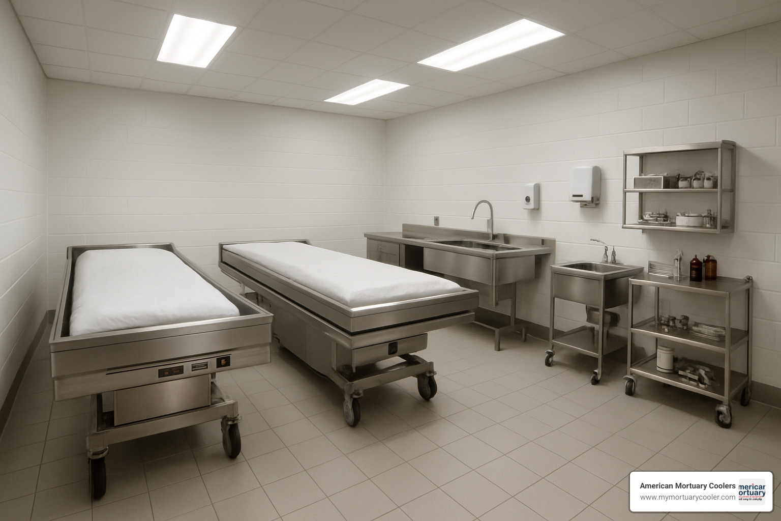 modern funeral home prep room with cooling equipment - cooling table for funeral home