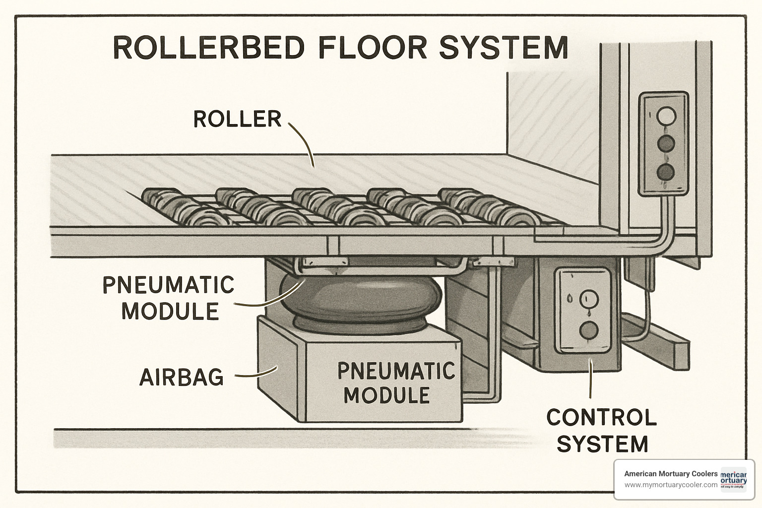 Cross-section view of rollerbed floor showing pneumatic modules, airbags, roller mechanisms, and control systems - rollerbed floor