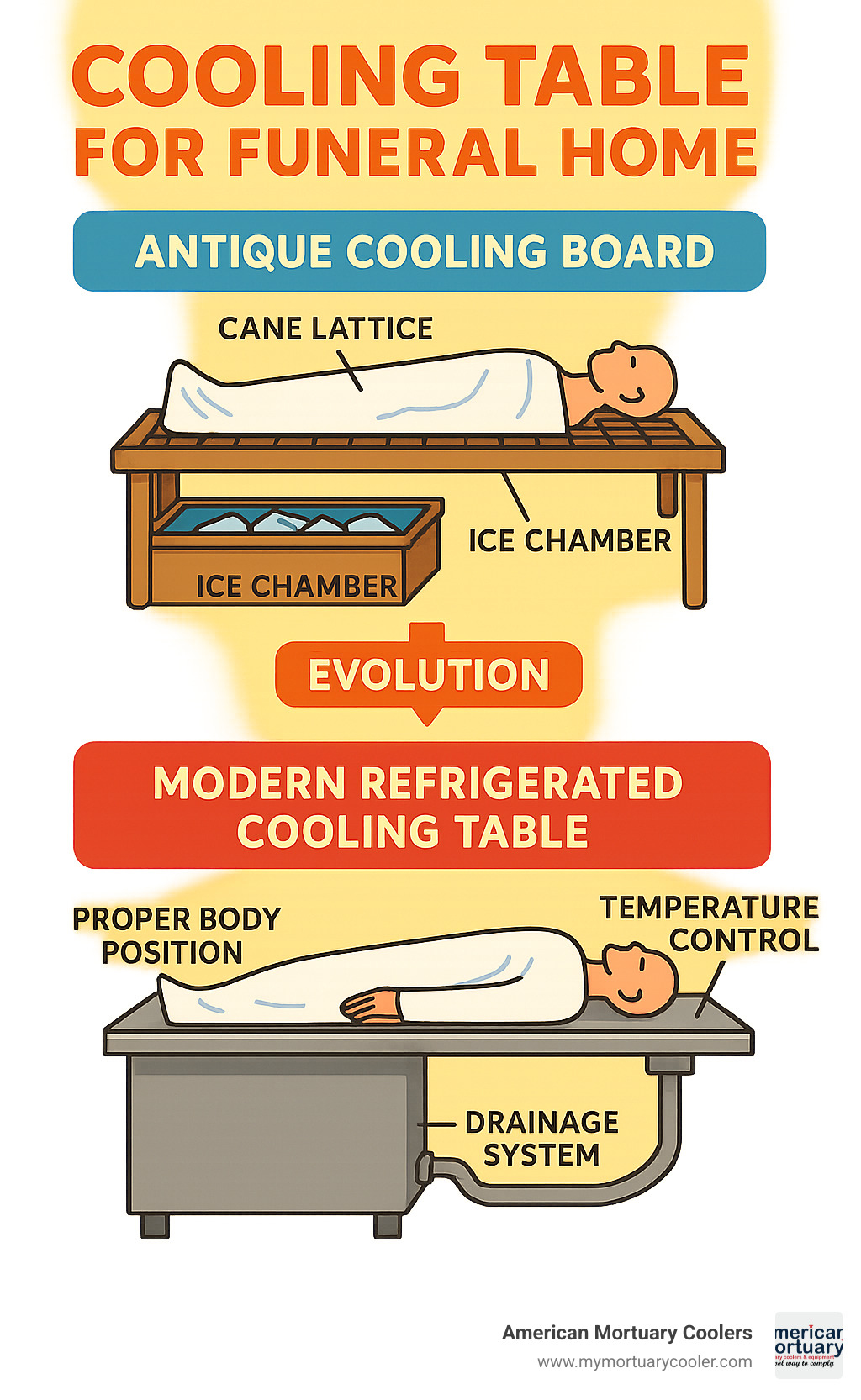 Comprehensive workflow diagram showing the evolution from antique cooling boards with ice chambers to modern refrigerated cooling tables, including key components like drainage systems, temperature controls, and proper body positioning for funeral home operations - cooling table for funeral home infographic 