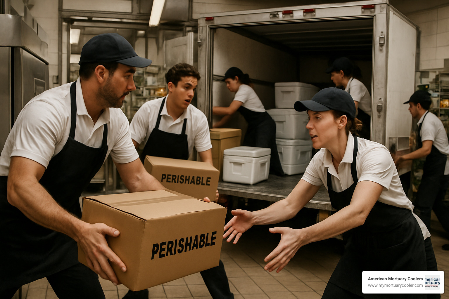 Staff moving perishables during refrigeration emergency - commercial refrigeration repair