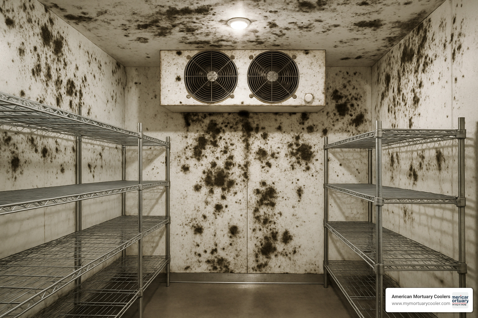 Walk-in fridge with visible mold growth on walls and ceiling - mold in walk in fridge