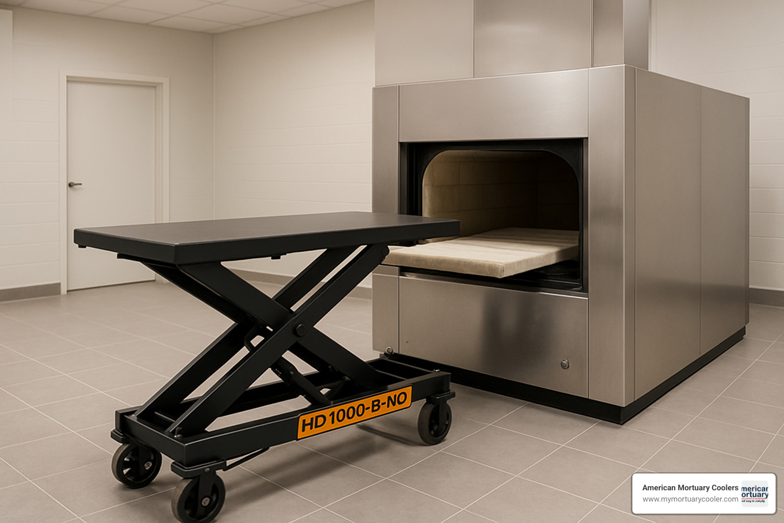 HD1000-B-NS Electric Scissor Lift positioned next to crematory retort - Mortuary Lift Company www.americanmortuarycoolers.com