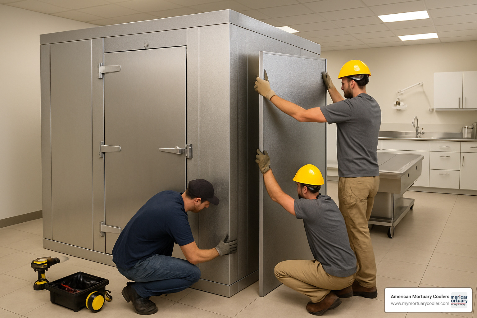 Modular walk-in mortuary cooler installation - Mortuary Lift Company www.americanmortuarycoolers.com