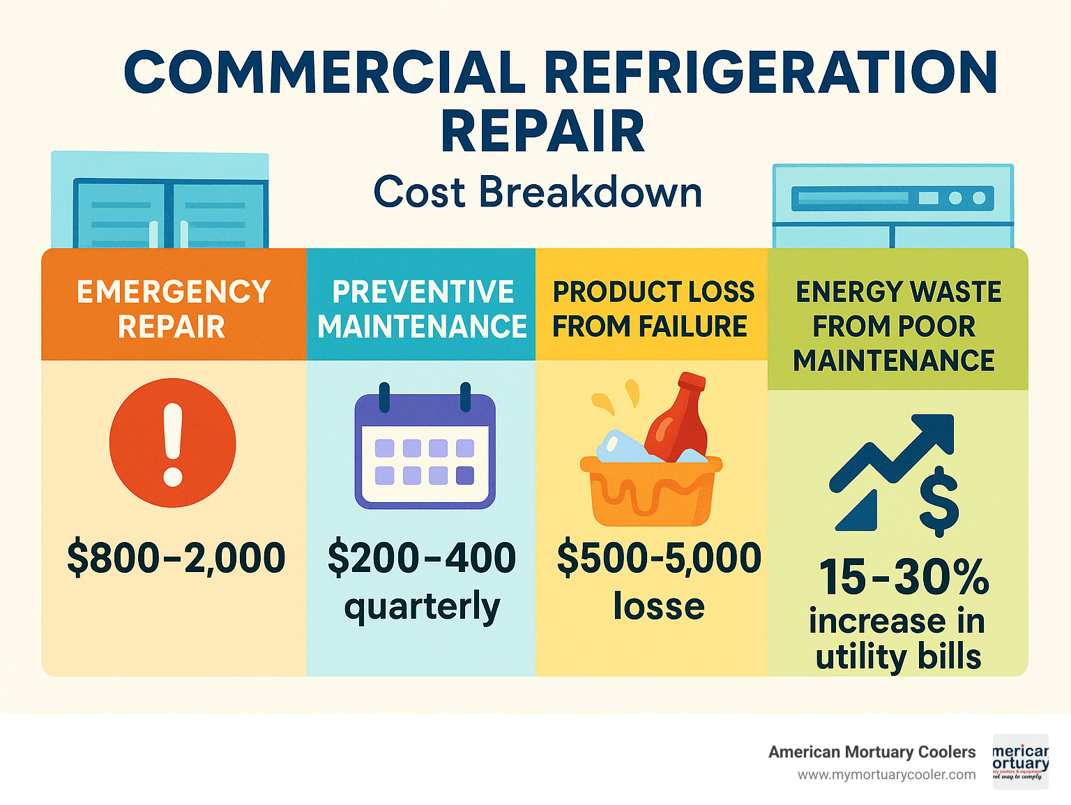 Infographic showing commercial refrigeration repair cost breakdown: Emergency repair $800-2000, Preventive maintenance $200-400 quarterly, Product loss from failure $500-5000, Energy waste from poor maintenance 15-30% increase in utility bills - commercial refrigeration repair infographic 