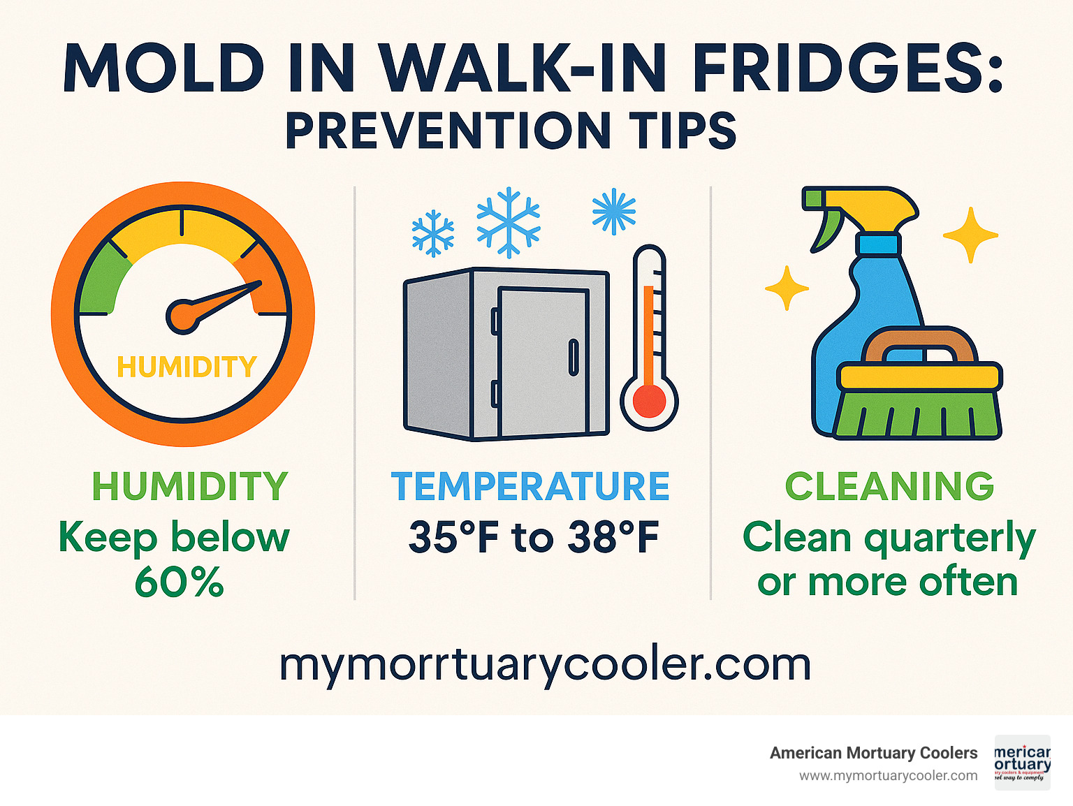 Infographic showing optimal humidity levels, temperature ranges, and cleaning frequencies for mold prevention in walk-in fridges - mold in walk in fridge infographic 
