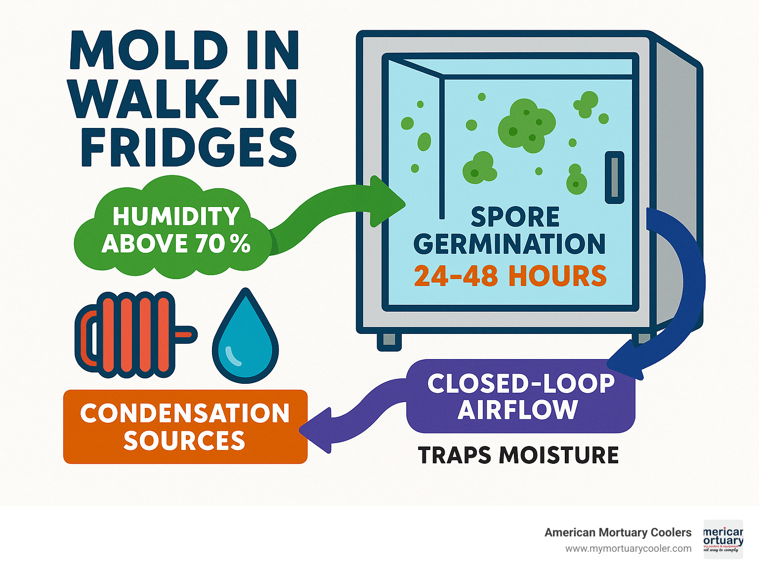 Detailed infographic showing the mold growth cycle in walk-in refrigeration systems, including humidity thresholds above 70%, condensation sources, spore germination timeline of 24-48 hours, and the closed-loop airflow pattern that traps moisture - mold in walk in fridge infographic 