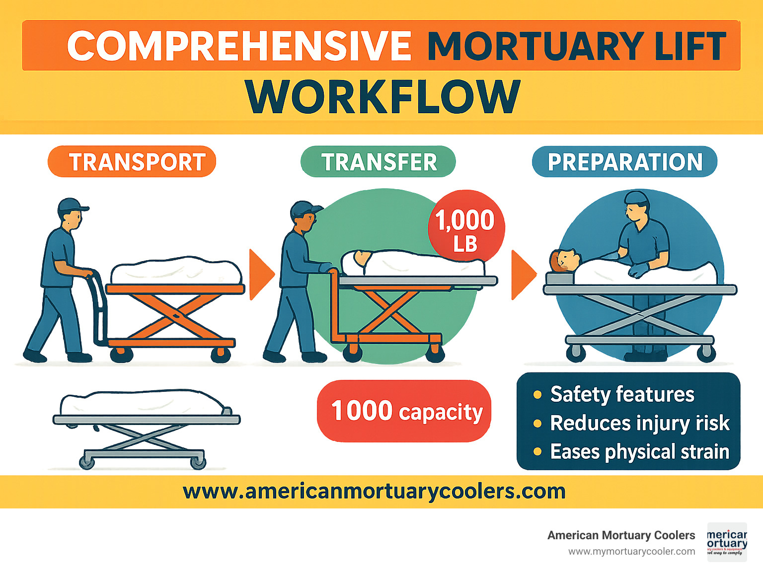 Comprehensive mortuary lift workflow showing body handling from transport through preparation, including lift capacities, safety features, and ergonomic benefits for funeral home staff - Mortuary Lift Company www.americanmortuarycoolers.com infographic 