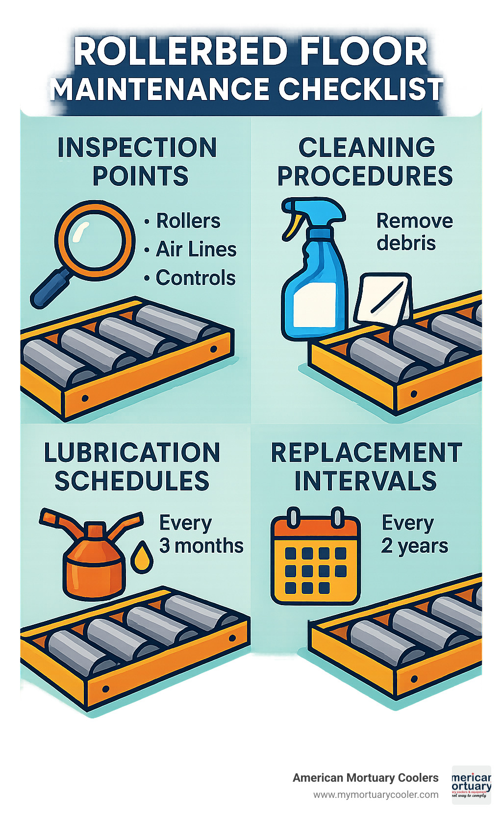 Comprehensive maintenance checklist infographic showing inspection points, cleaning procedures, lubrication schedules, and replacement intervals for rollerbed floor components - rollerbed floor infographic 