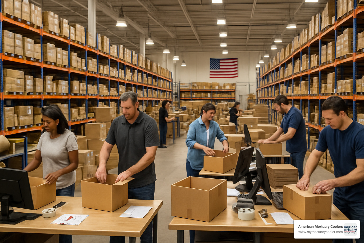 Busy fulfillment warehouse with organized inventory shelves, shipping stations, and staff preparing orders for same-day delivery to funeral homes - Affordable Funeral Supply