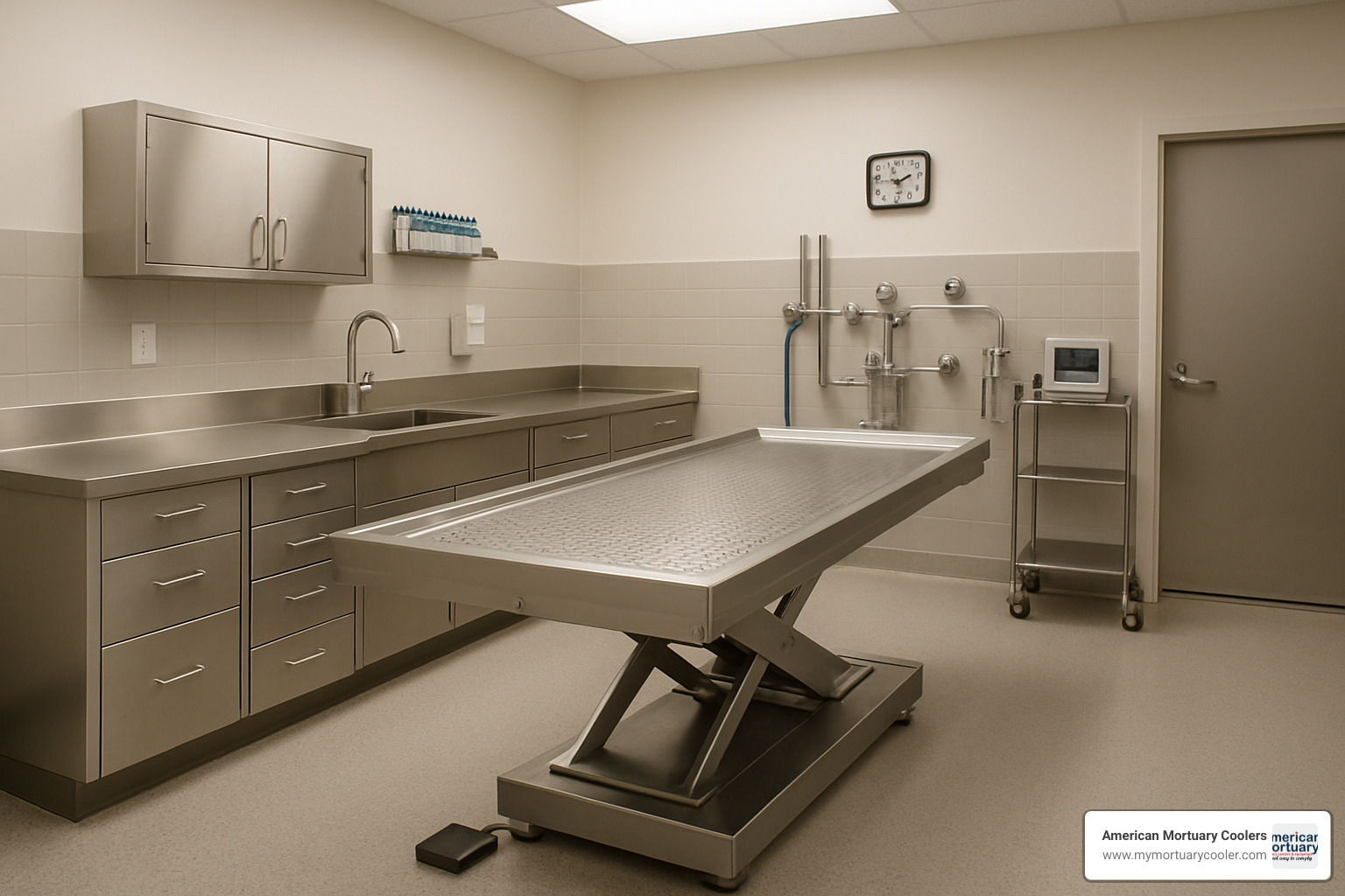 Modern embalming table with hydraulic lift system in professional prep room setting - Affordable Funeral Supply