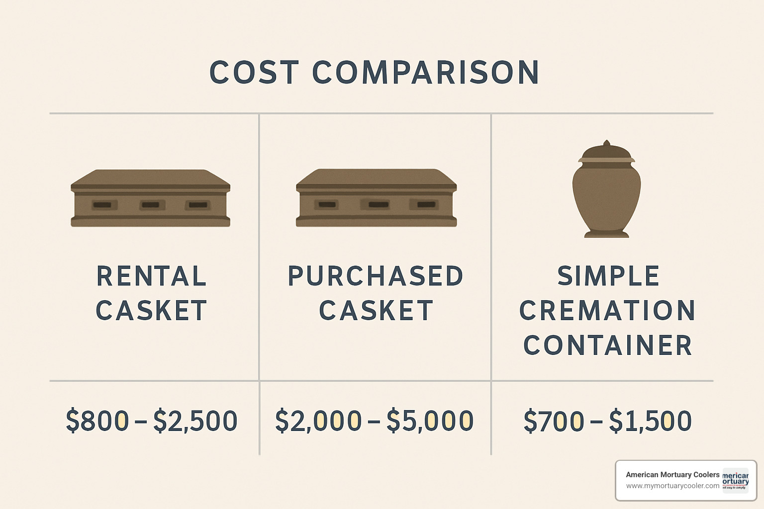 Cost comparison chart showing rental casket vs. purchased casket vs. simple cremation container - can you rent a casket for cremation