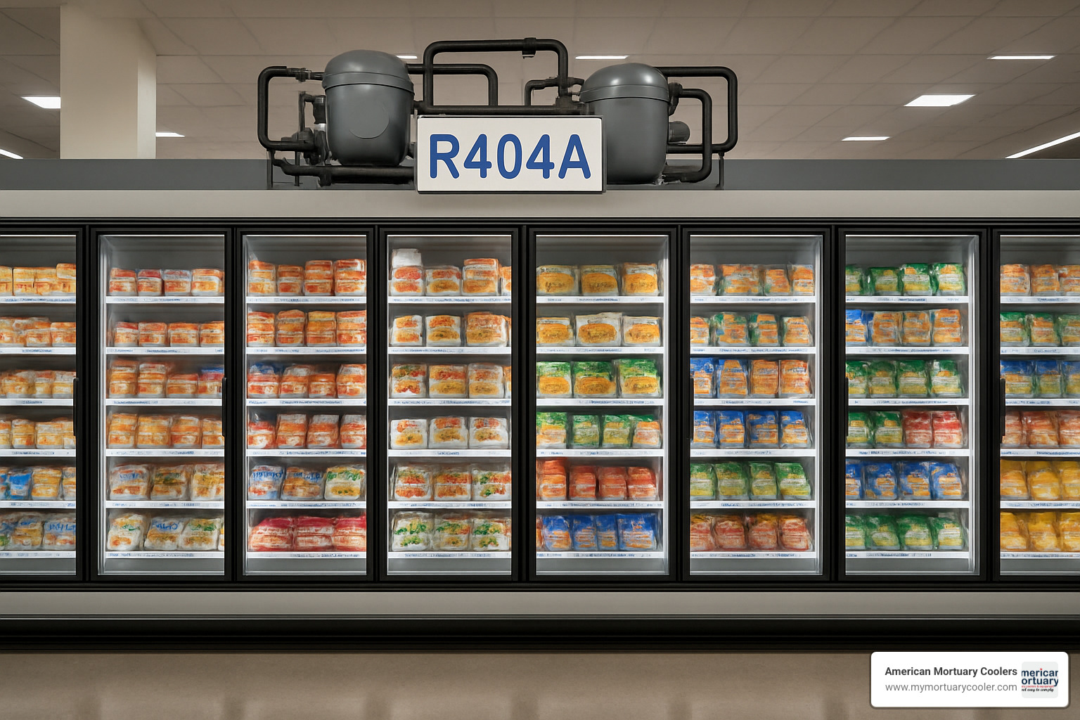 Commercial supermarket freezer cases with R404A refrigeration system - 404 refrigerant