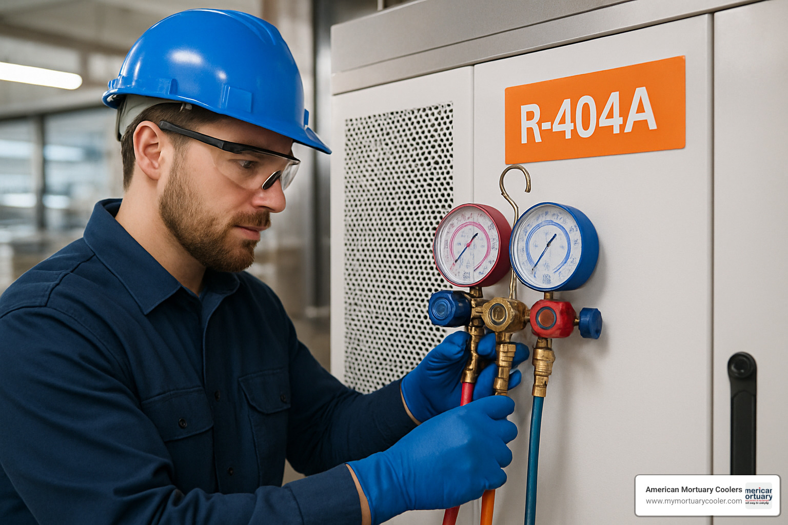 Technician wearing safety equipment while connecting refrigerant gauges to R404A system - 404 refrigerant