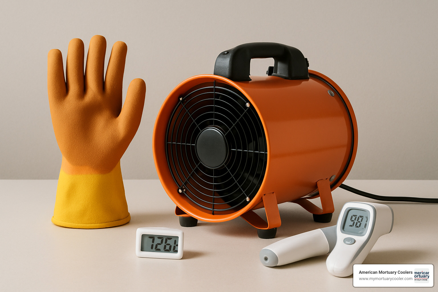 safety equipment including gloves, ventilation fan, and temperature monitoring tools - home funerals keeping the body cool