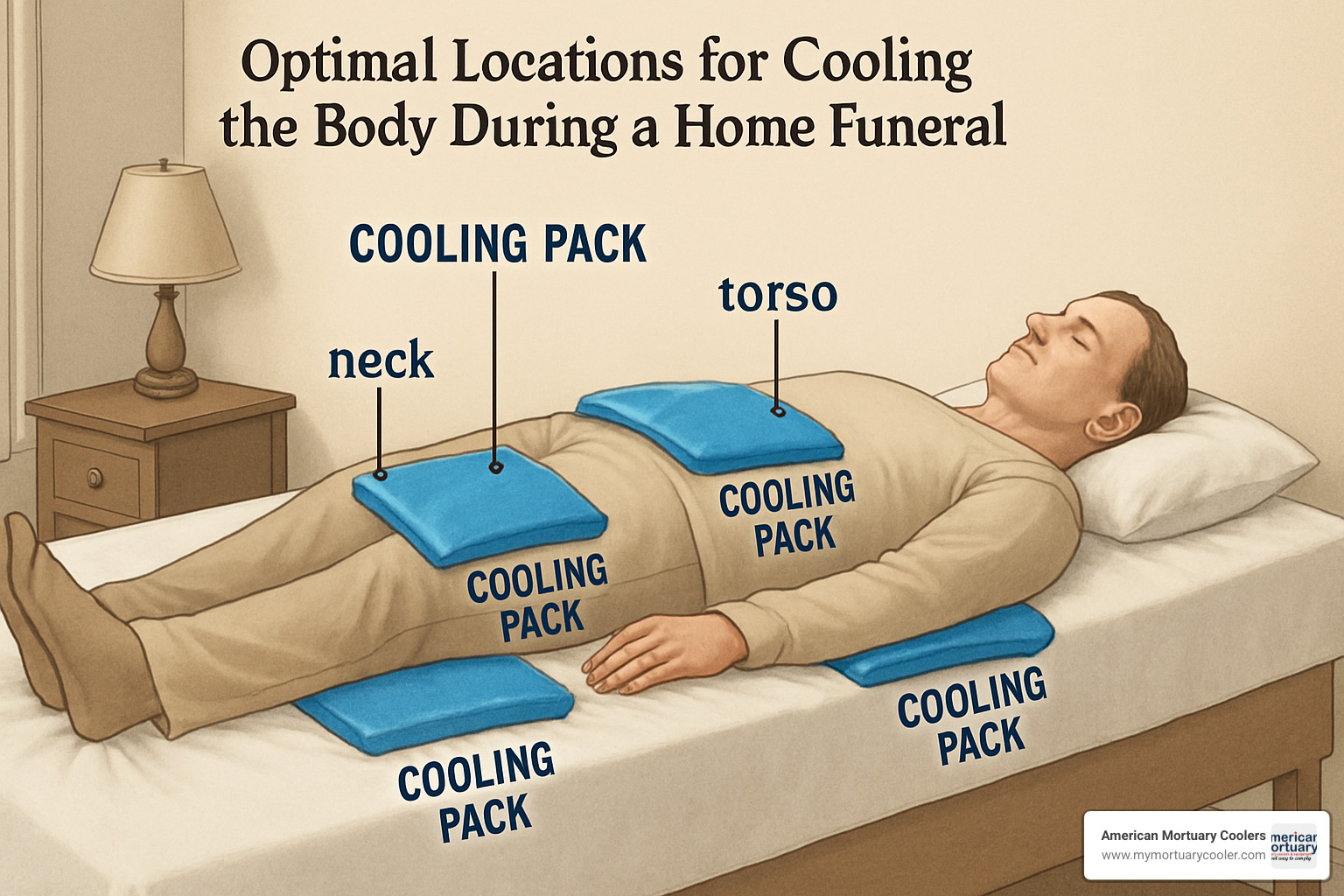 placement diagram showing optimal locations for cooling packs under body - home funerals keeping the body cool