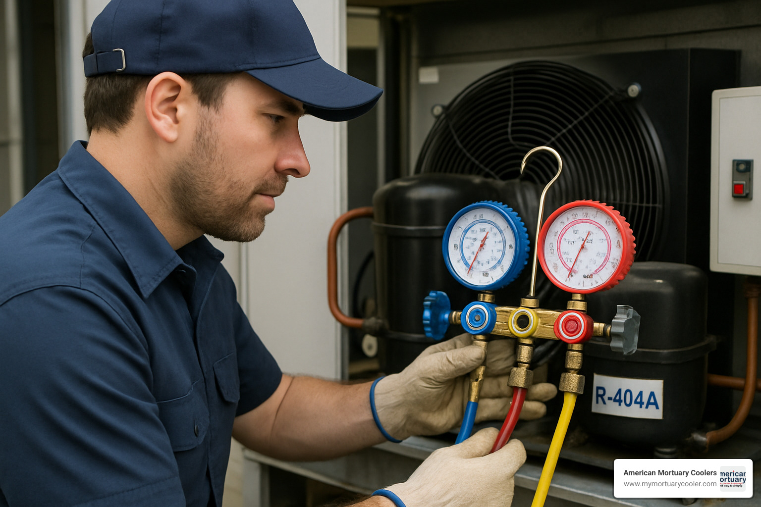 Technician using manifold gauges to check R404A pressures on a commercial refrigeration system - r404 pt chart
