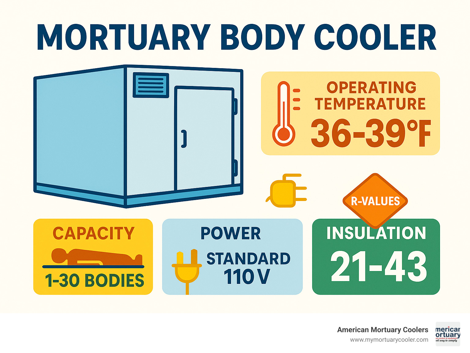 Infographic showing mortuary body cooler temperature ranges, capacity options, and key features including 36-39°F operating temperature, body capacity from 1-30 units, standard 110V power requirements, and insulation R-values from 21-43 - mortuary body cooler infographic 