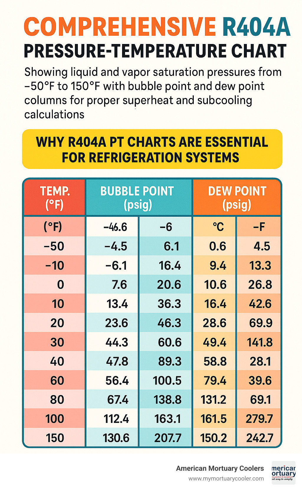 Comprehensive R404A pressure-temperature chart showing liquid and vapor saturation pressures from -50°F to 150°F with corresponding values in both Fahrenheit and Celsius, including bubble point and dew point columns for proper superheat and subcooling calculations - r404 pt chart infographic 