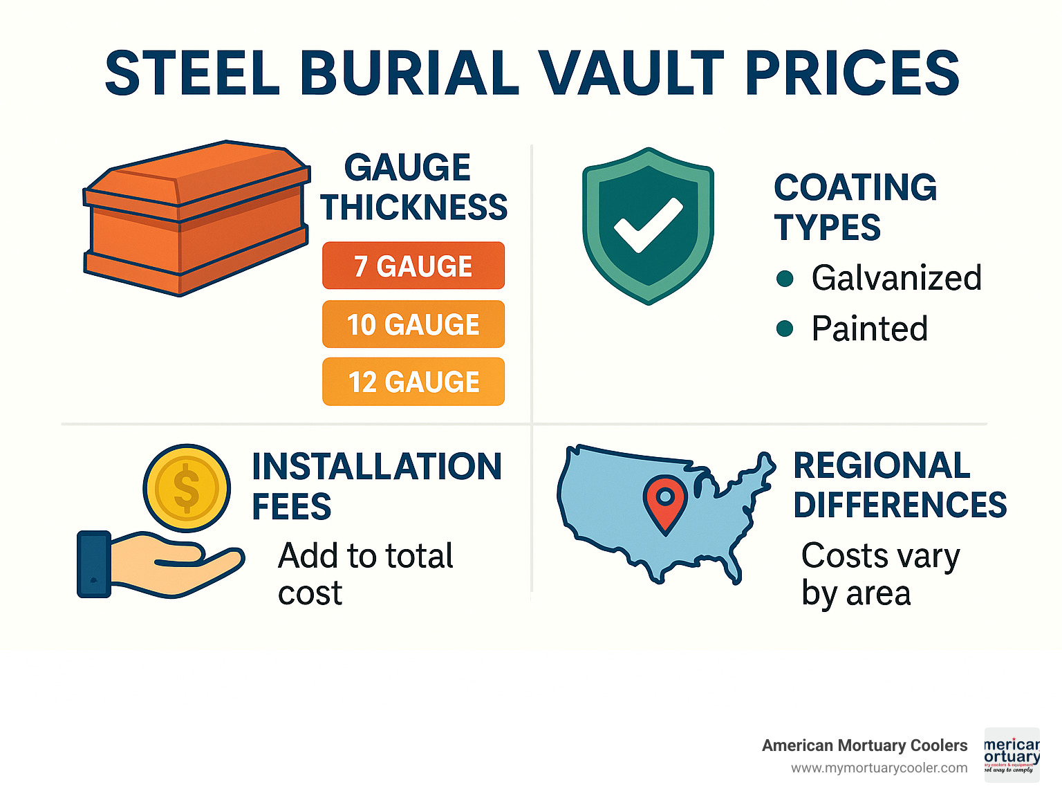Detailed breakdown of steel burial vault pricing factors including gauge thickness, coating types, installation fees, and regional cost variations - steel burial vault prices infographic 