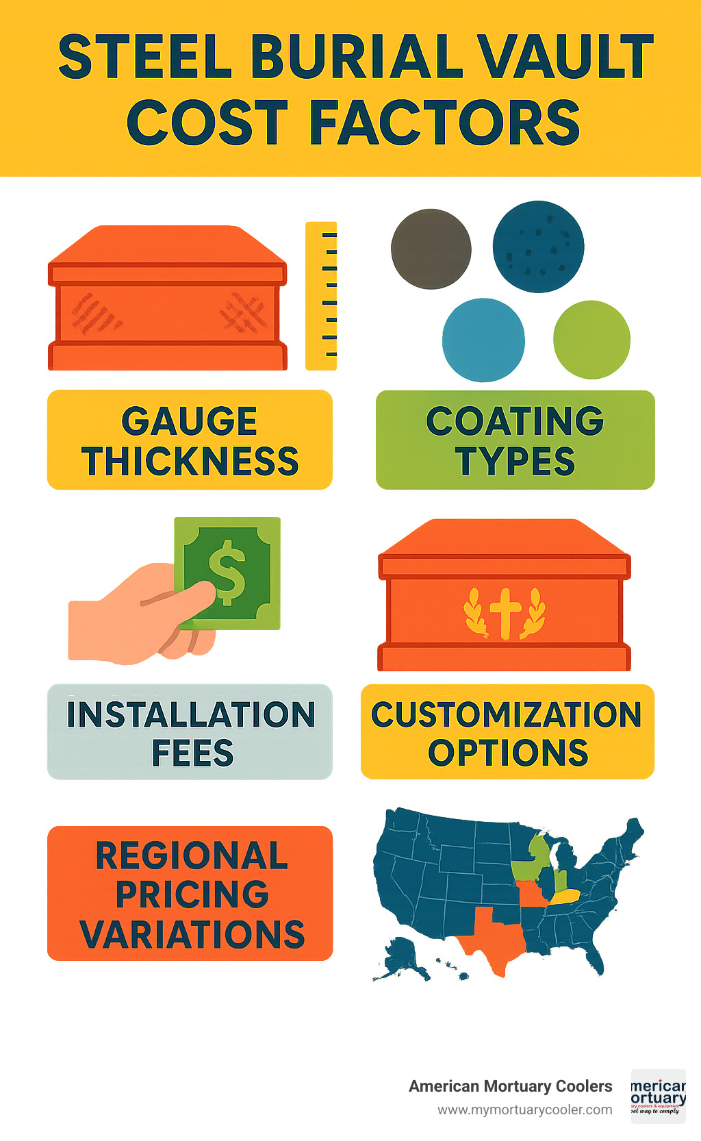 Summary infographic showing all major steel burial vault cost factors: gauge thickness, coating types, installation fees, customization options, and regional pricing variations - steel burial vault prices infographic 