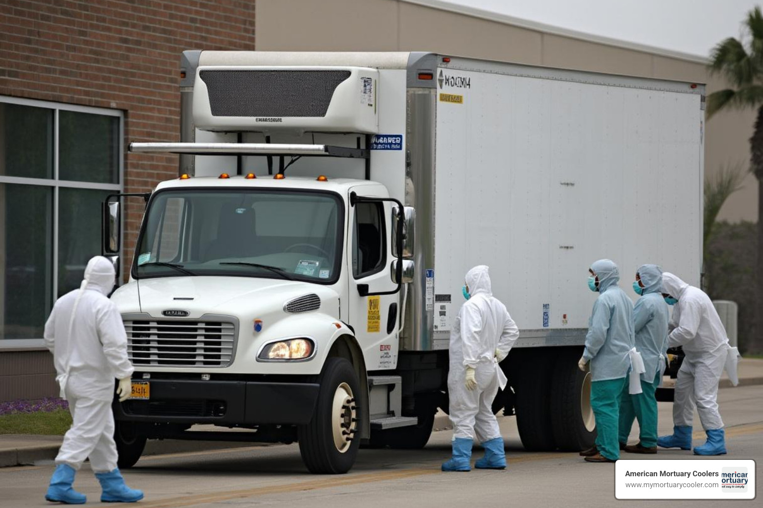 Large refrigerated truck serving as temporary morgue facility during emergency response - morgue dead body