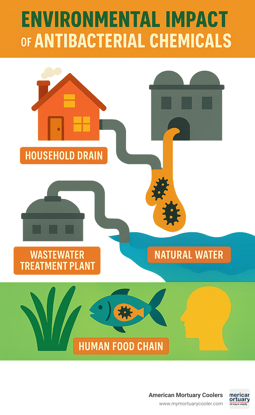 Environmental impact showing antibacterial chemicals flowing from household drains through wastewater treatment plants into natural water systems, affecting aquatic life and potentially entering the food chain - antibacterial soap infographic 