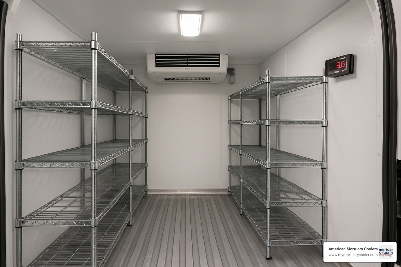 Interior layout of pull behind freezer trailer showing shelving, LED lighting, and temperature monitoring equipment - pull behind freezer trailer