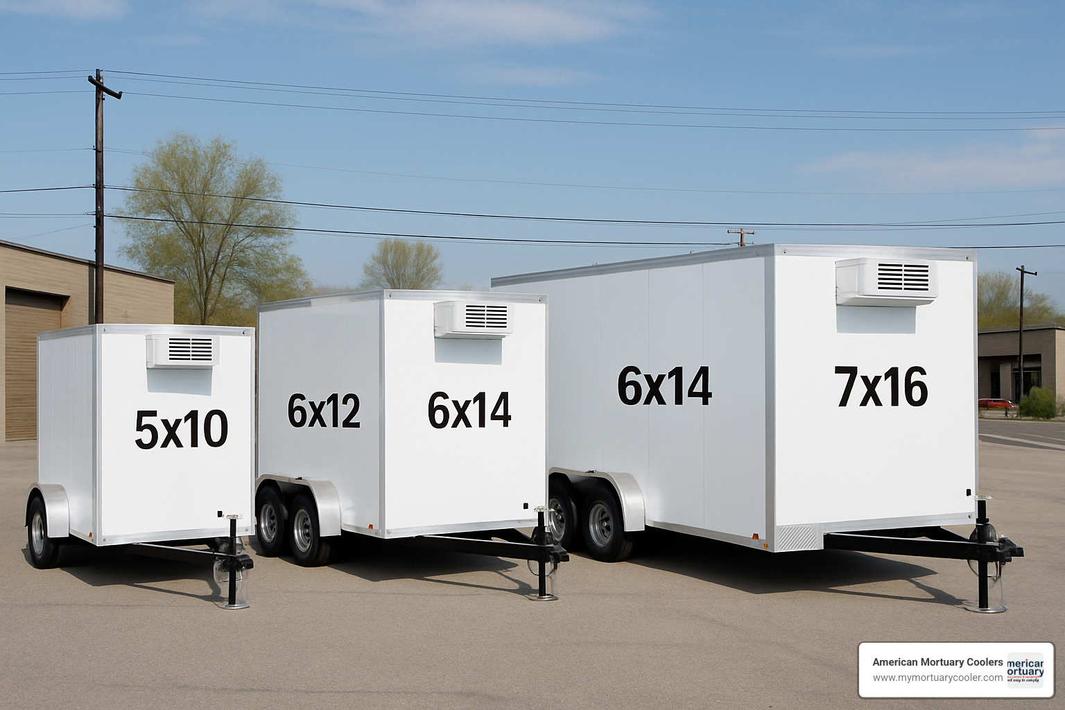 Lineup of different sized pull behind freezer trailers from 5x10 to 7x16 showing relative size differences - pull behind freezer trailer