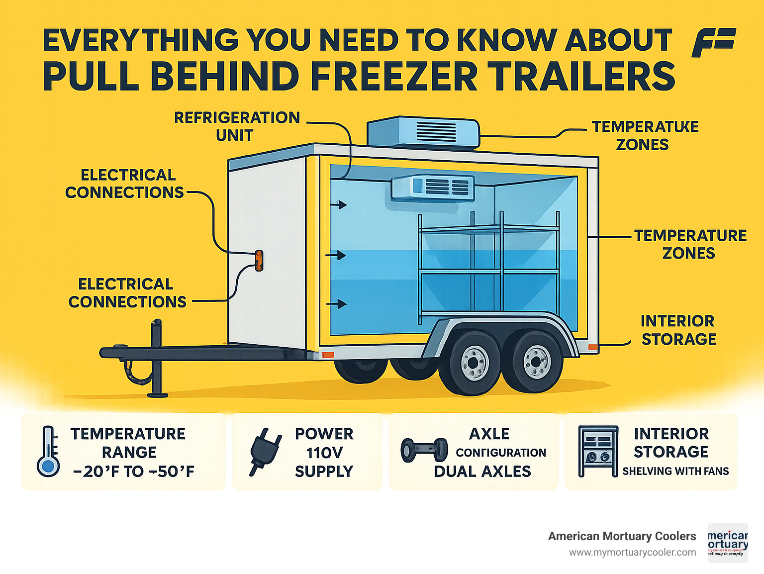 Detailed anatomy of pull behind freezer trailer showing insulation layers, refrigeration unit placement, axle configuration, electrical connections, and interior storage layout with temperature zones - pull behind freezer trailer infographic 