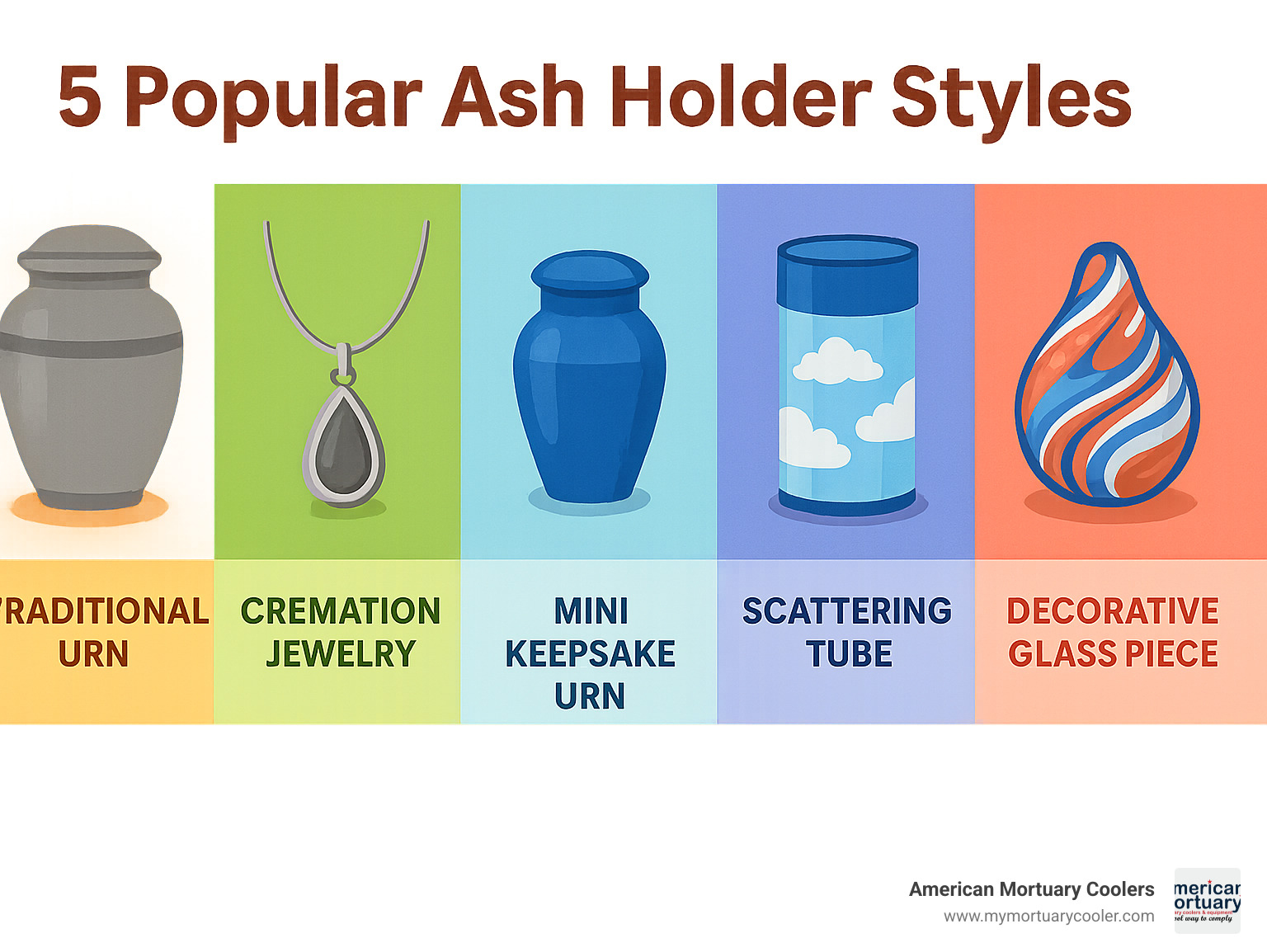 Infographic showing 5 most popular ash holder styles: traditional urns for full remains, cremation jewelry for wearing daily, mini keepsake urns for family sharing, scattering tubes for ceremonies, and decorative glass pieces for home display - ash holder infographic 