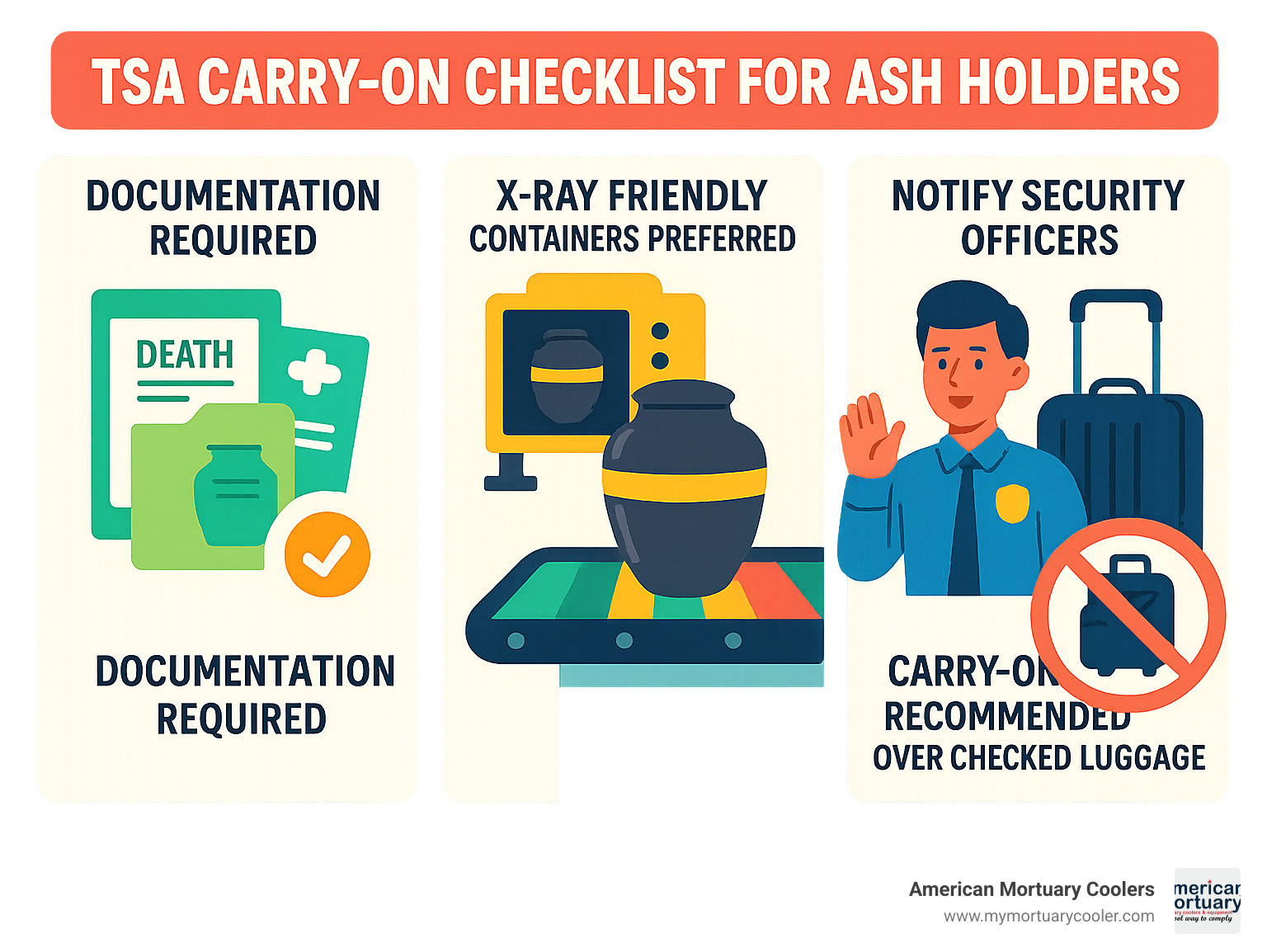 TSA carry-on checklist for ash holders: documentation required, x-ray friendly containers preferred, notify security officers, carry-on recommended over checked luggage - ash holder infographic 