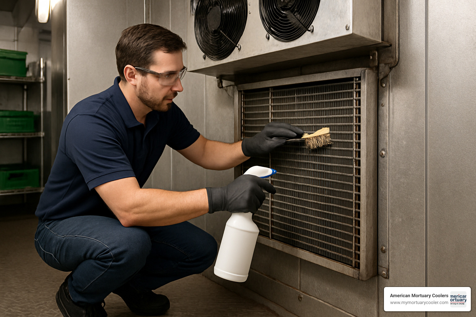Technician cleaning condenser coils with proper safety equipment - walk in cooler maintenance