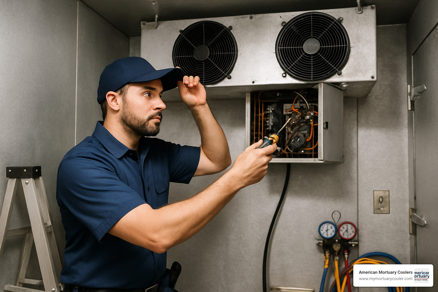 Professional technician inspecting walk-in cooler components - walk in cooler maintenance