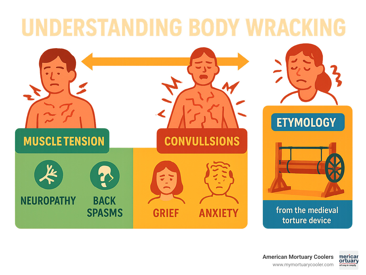 Comprehensive infographic showing the spectrum of body-wracking experiences from mild muscle tension to severe convulsions, including medical causes like neuropathy and back spasms, emotional triggers like grief and anxiety, and the etymology connection to medieval torture devices - body wracking infographic 