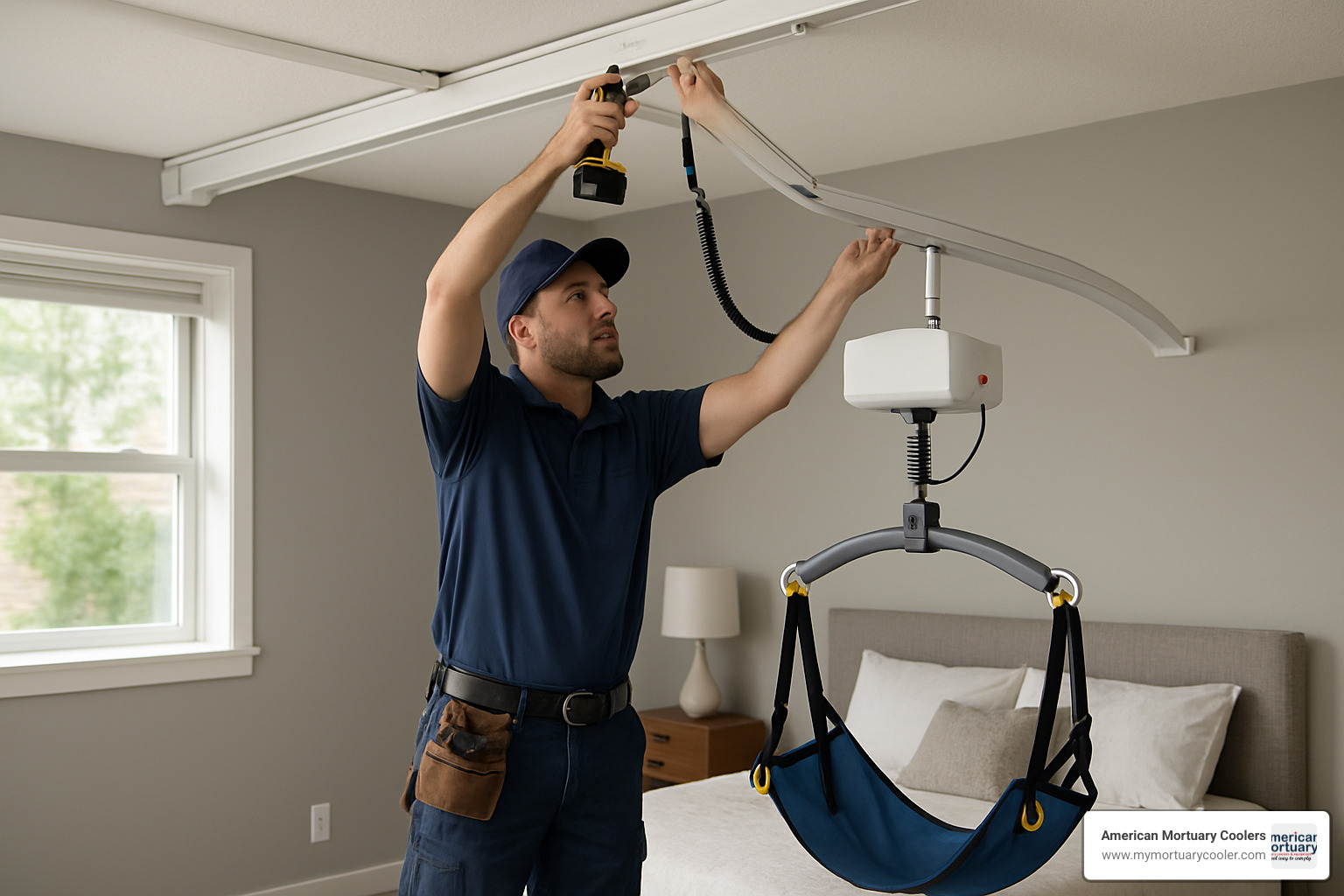 Professional installation of ceiling mounted body lift system - ceiling mounted body lift