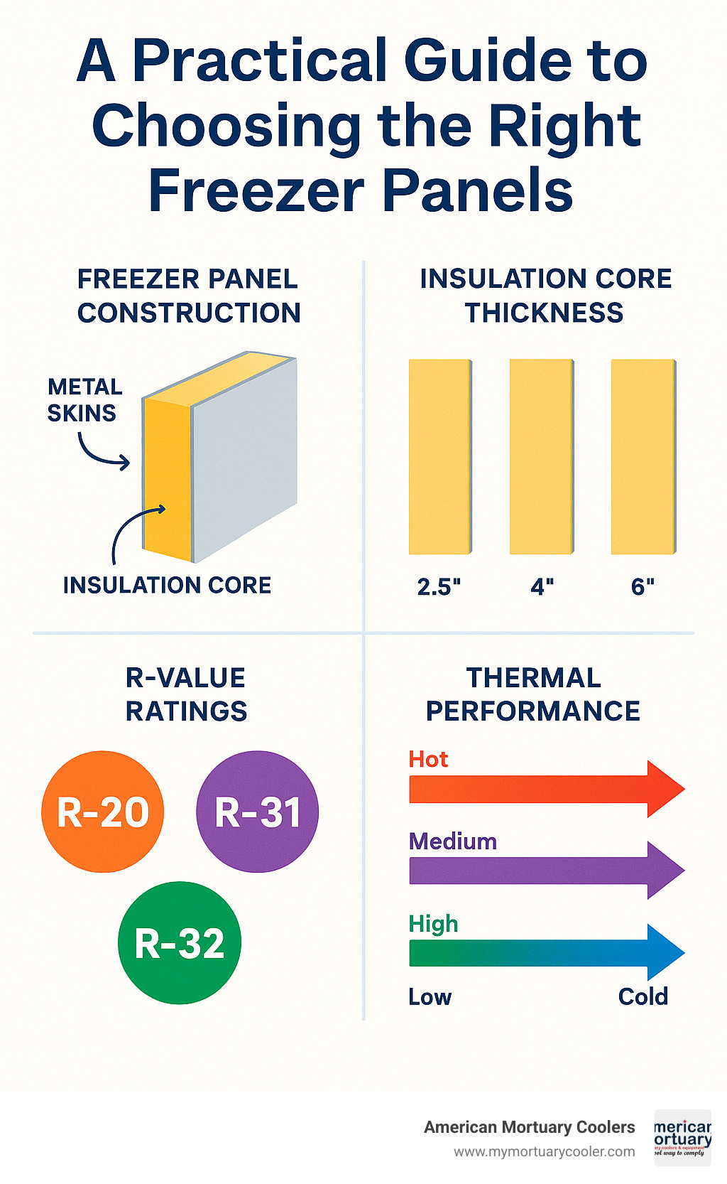 Detailed comparison infographic showing freezer panel construction with metal skin layers, insulation core thickness options, R-value ratings, and thermal performance data across different panel types - freezer panels infographic 