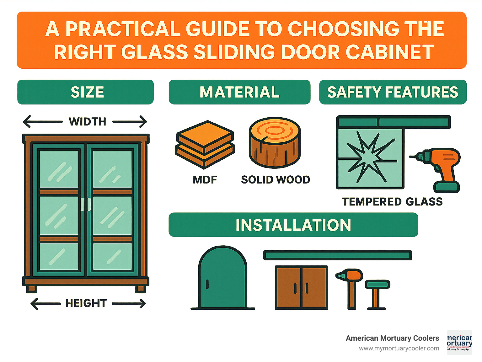 Comprehensive guide showing glass sliding door cabinet selection process including size measurements, material options, safety features, and installation considerations - glass sliding door cabinet infographic 