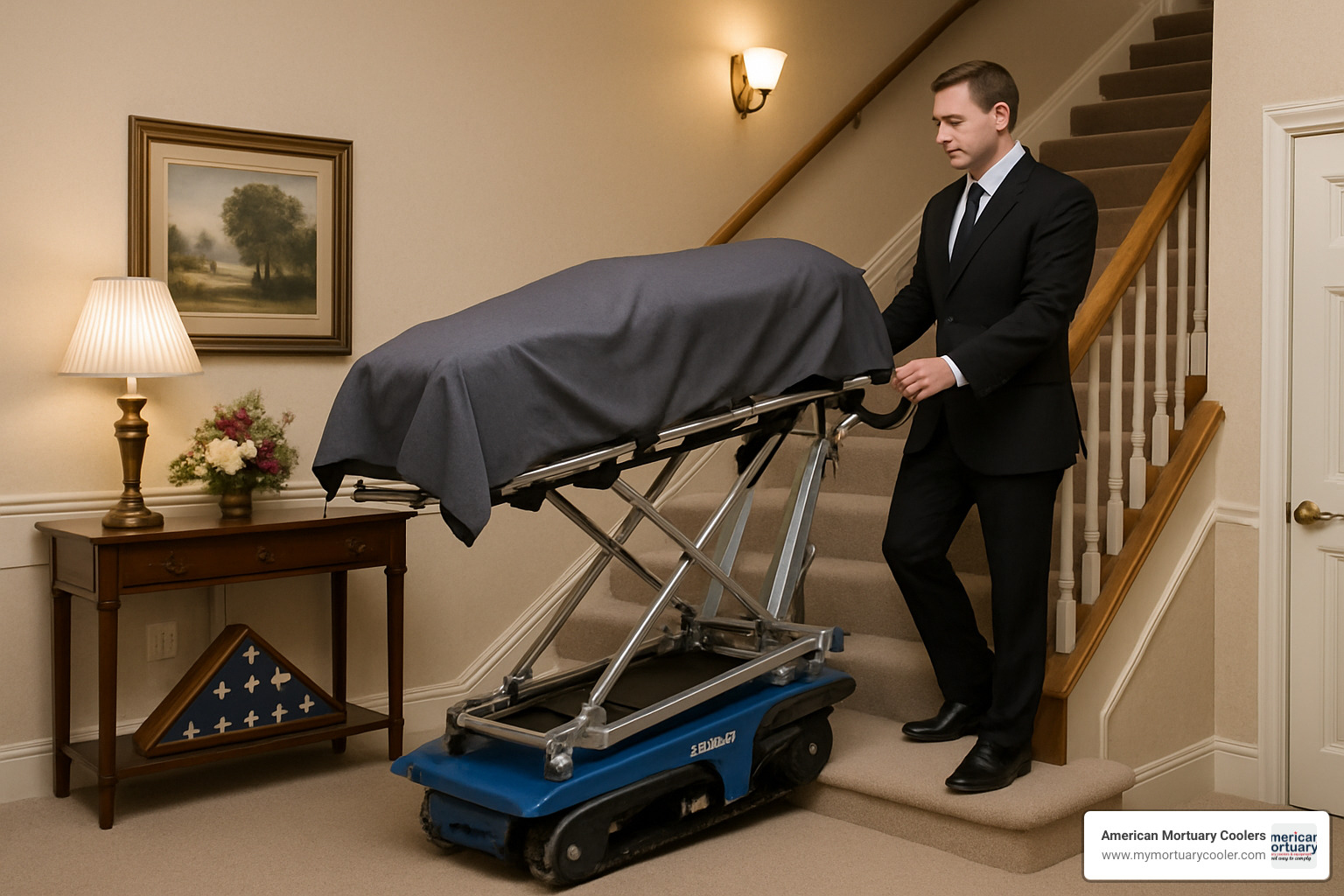 Electric stair-climbing system in use on funeral home staircase