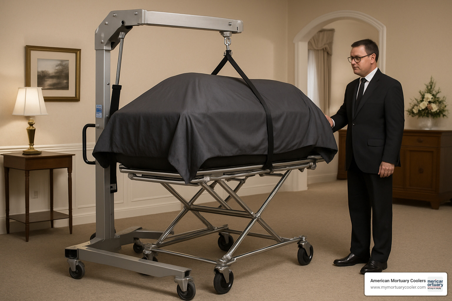 Heavy-duty mortuary lift handling a bariatric case