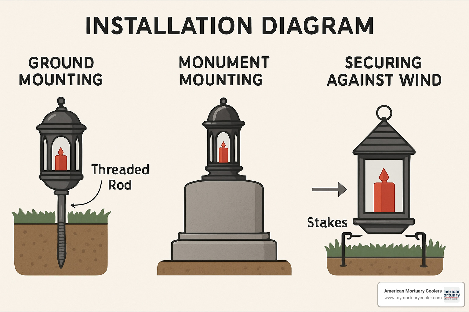 Detailed installation diagram showing proper placement and anchoring methods for different types of cemetery lamps and grave lanterns - funeral lamps