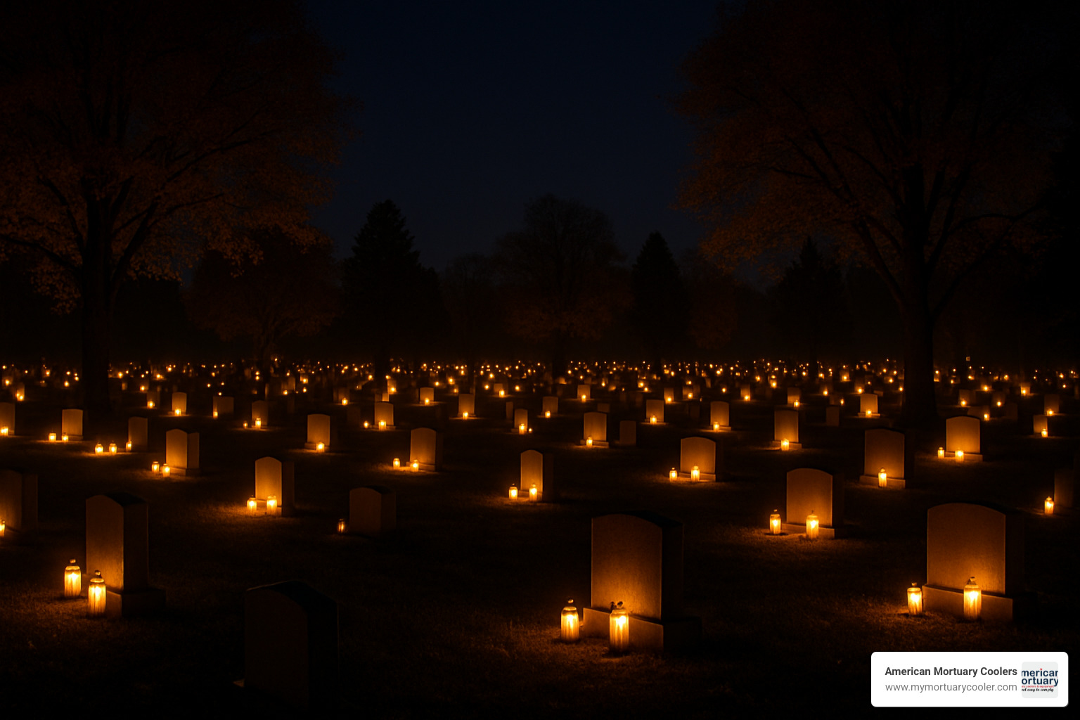 Cemetery at night illuminated by hundreds of grave lights and memorial candles creating a peaceful, glowing landscape - funeral lamps