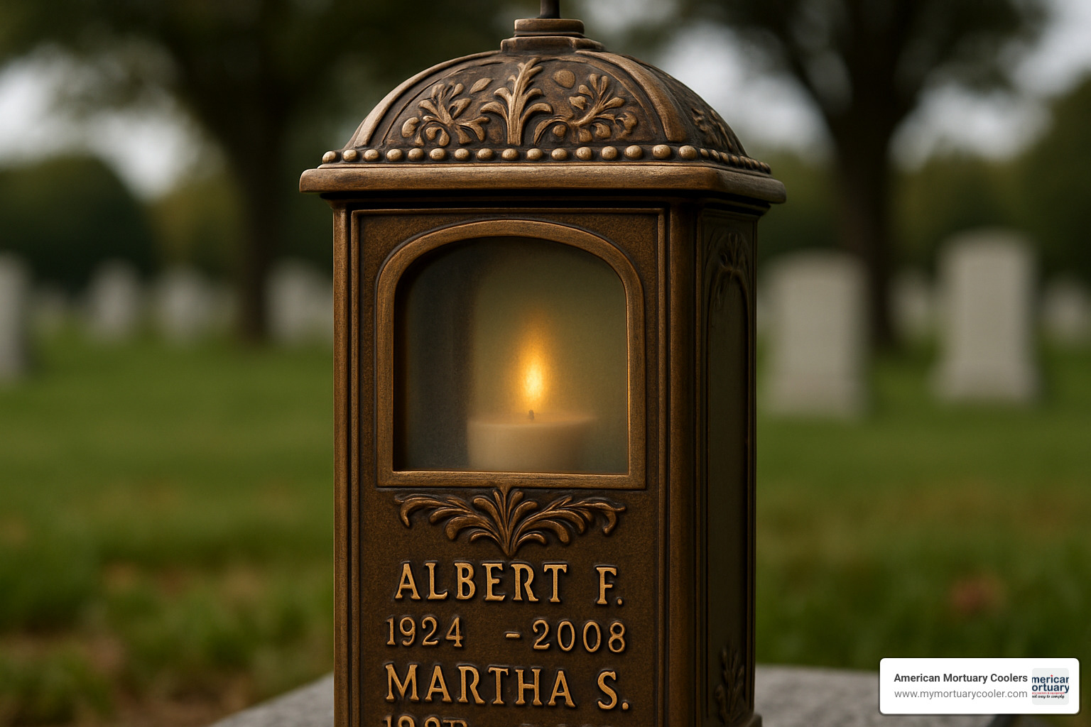 Close-up of an engraved grave lantern showing detailed metalwork and personalized inscription with names and dates - funeral lamps
